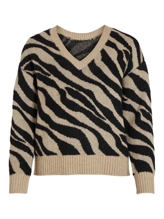 Vila Kuscheliger Strickpullover Zebra Animal Muster V-Neck Sweater VIRIL – Beige, Bild 7