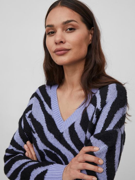 Vila VILA Kuscheliger Strickpullover Zebra Animal Muster V-Neck – Lila, Bild 5