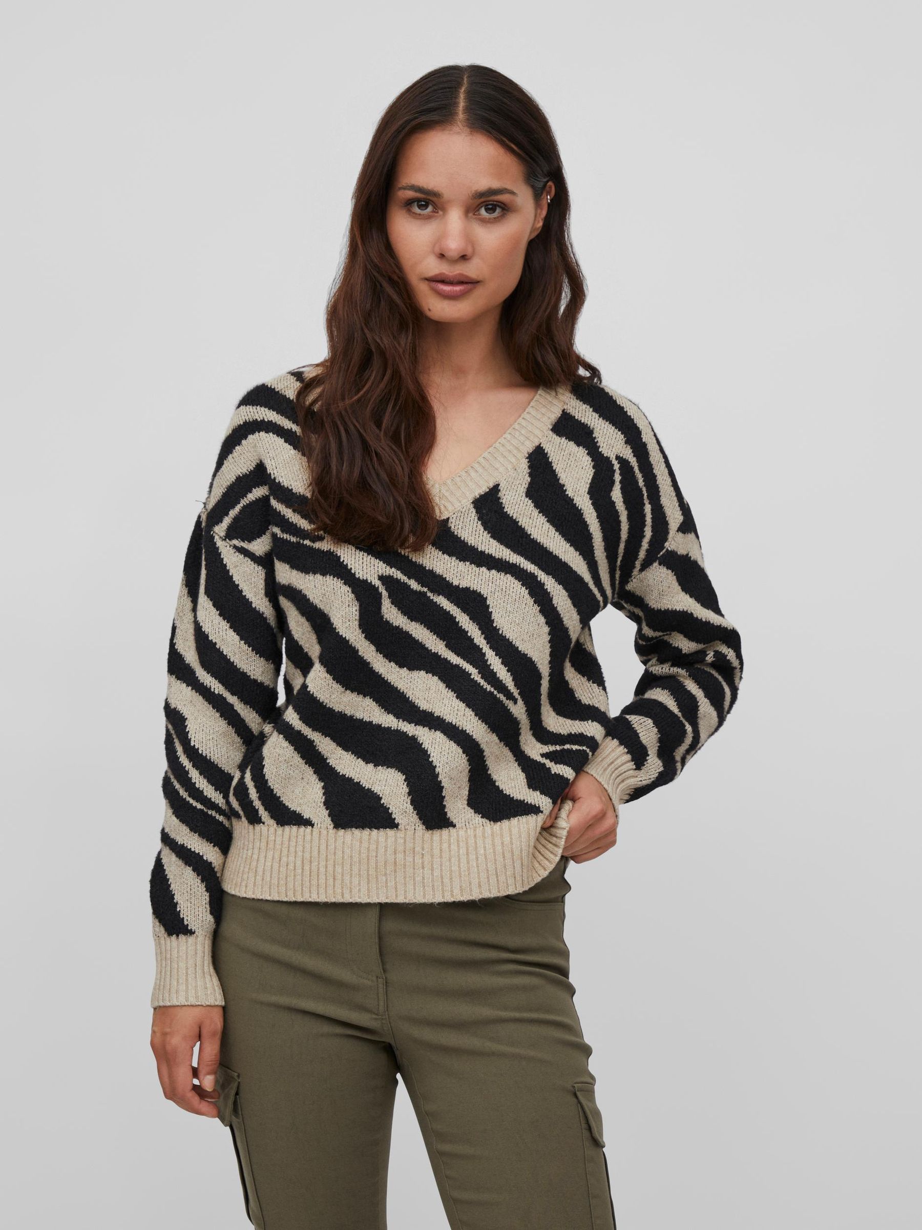 Vila Kuscheliger Strickpullover Zebra Animal Muster V-Neck Sweater VIRIL – Beige, Bild 2