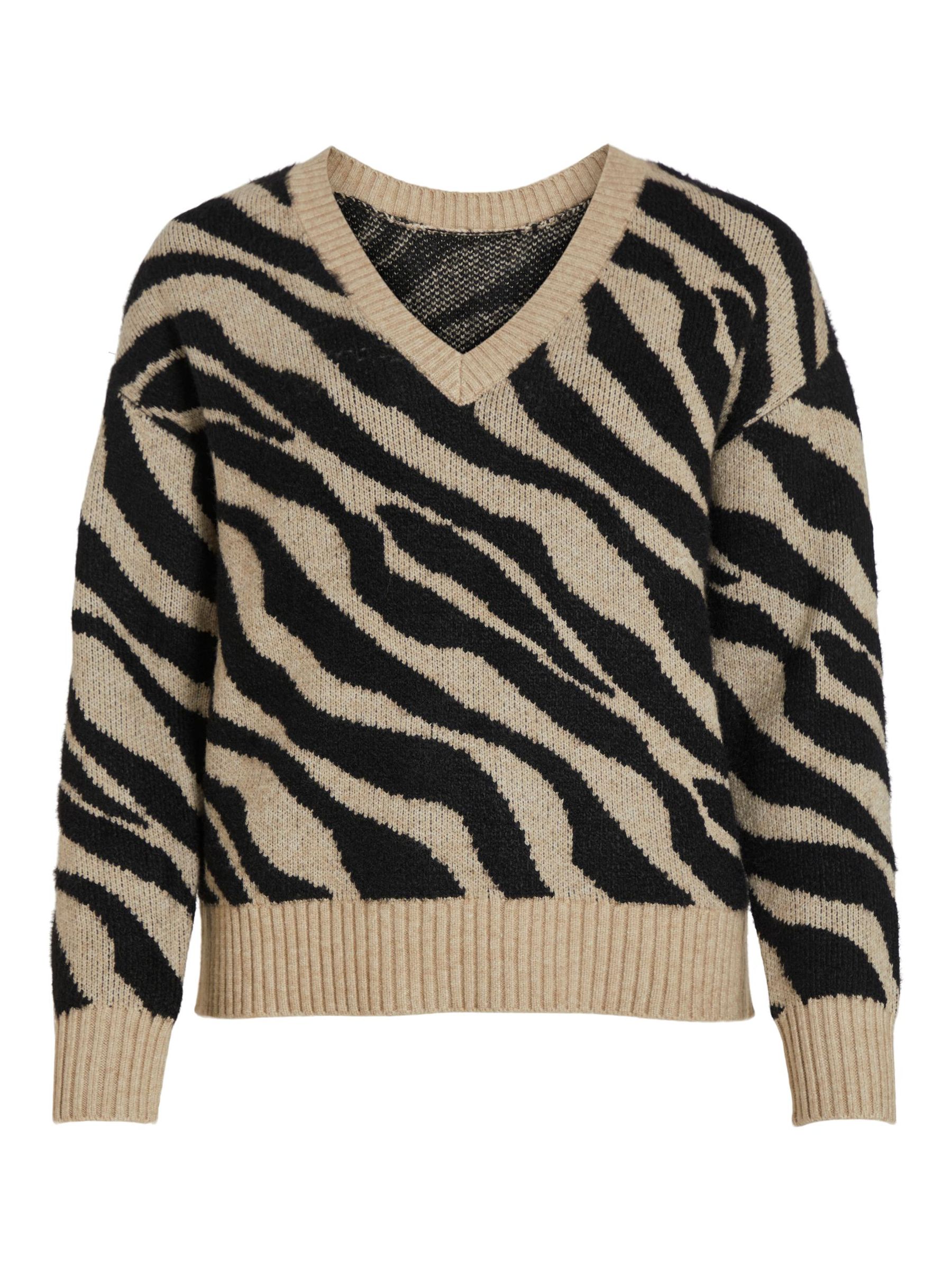 Vila Kuscheliger Strickpullover Zebra Animal Muster V-Neck Sweater VIRIL – Beige, Bild 1