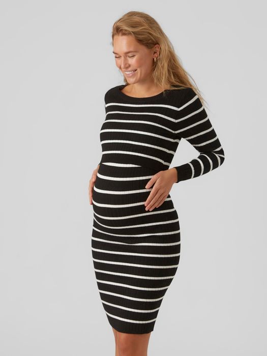 Mamalicious Langarm Umstands Kleid MLNEWSIV, Farbe: Schwarz-Weiß