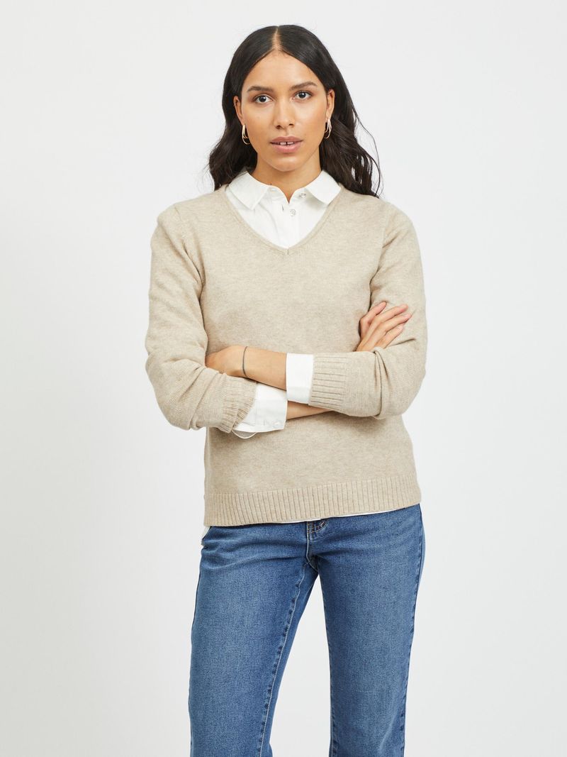Vila Dünner Strickpullover Knitted Basic Stretch Sweater Langarm V-Neck VIRIL – Beige, Bild 2