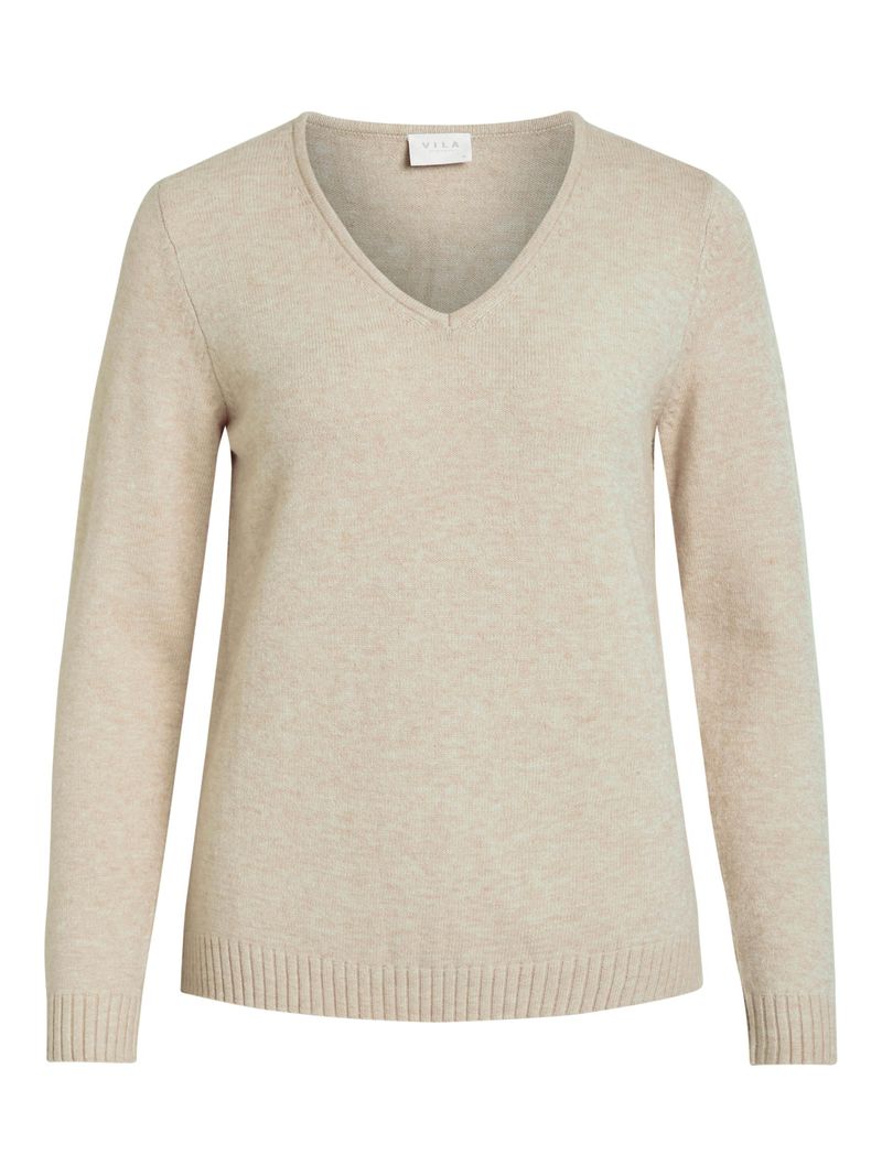 Vila Dünner Strickpullover Knitted Basic Stretch Sweater Langarm V-Neck VIRIL – Beige, Bild 1