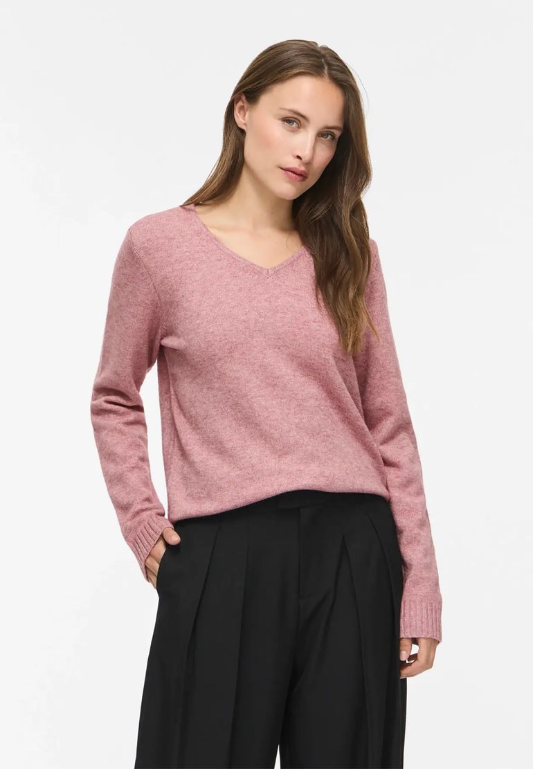 Vila Dünner Strickpullover Knitted Basic Stretch Sweater Langarm V-Neck VIRIL – Coral Pink, Bild 2