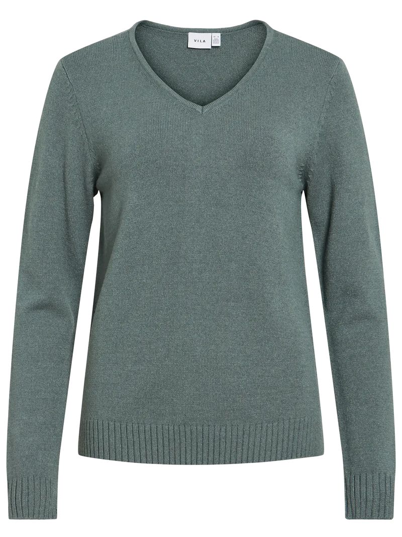 Vila Dünner Strickpullover Knitted Basic Stretch Sweater Langarm V-Neck VIRIL – Tannen-Grün, Bild 1
