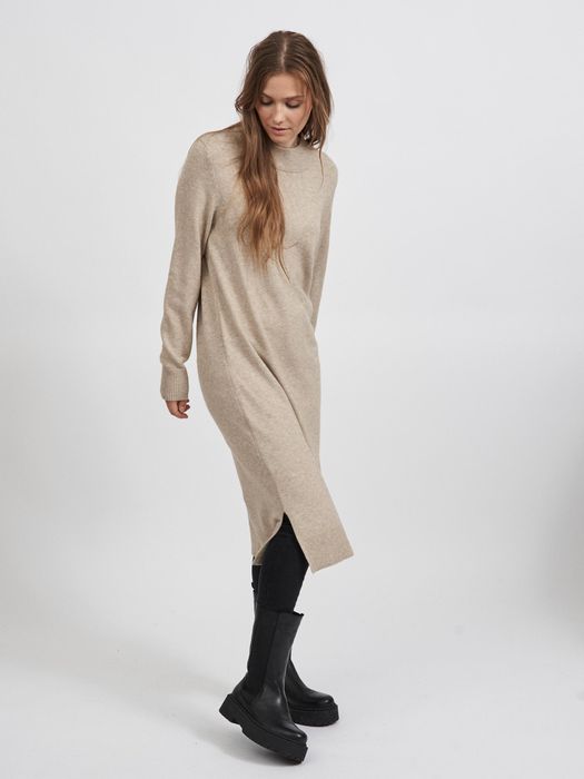 VILA Langarm Midi Strickkleid Loose Fit Pullover Dress Shirt, Farbe: Beige