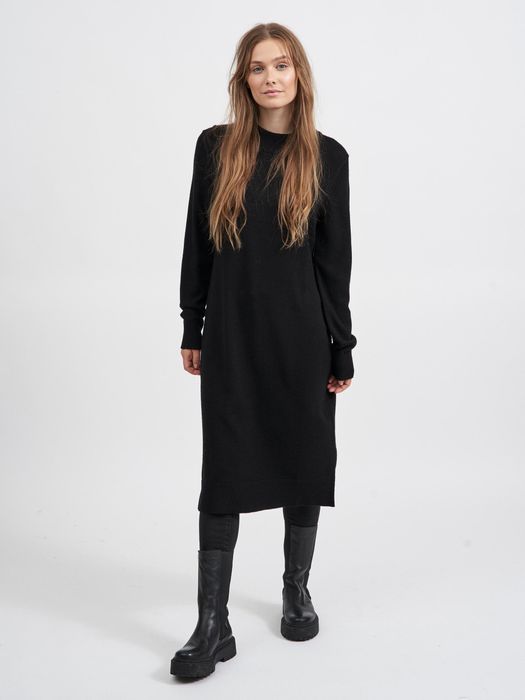 VILA Langarm Midi Strickkleid Loose Fit Pullover Dress Shirt, Farbe: Schwarz