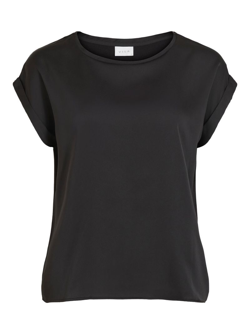 Vila Satin Blusen T-Shirt Kurzarm Basic Glänzendes Oberteil VIELLETTE – Schwarz, Bild 1