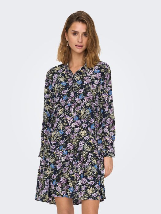 Kurzes Langarm Kleid Gemustert Tunika Falten Bluse Rüschen Hemd JDYPIPER, Farbe: Schwarz-2
