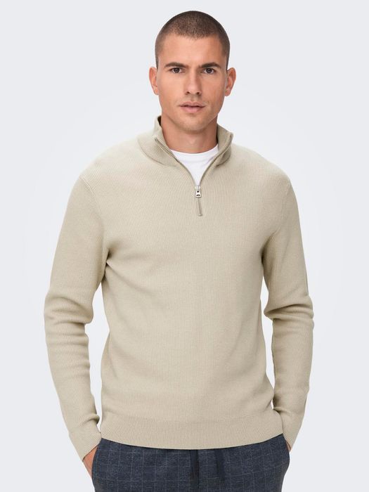 ONLY & SONS Feiner Strickpullover mit Reißverschluss Rundkragen, Farbe: Beige-2