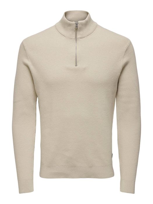 ONLY & SONS Feiner Strickpullover mit Reißverschluss Rundkragen, Farbe: Beige-2