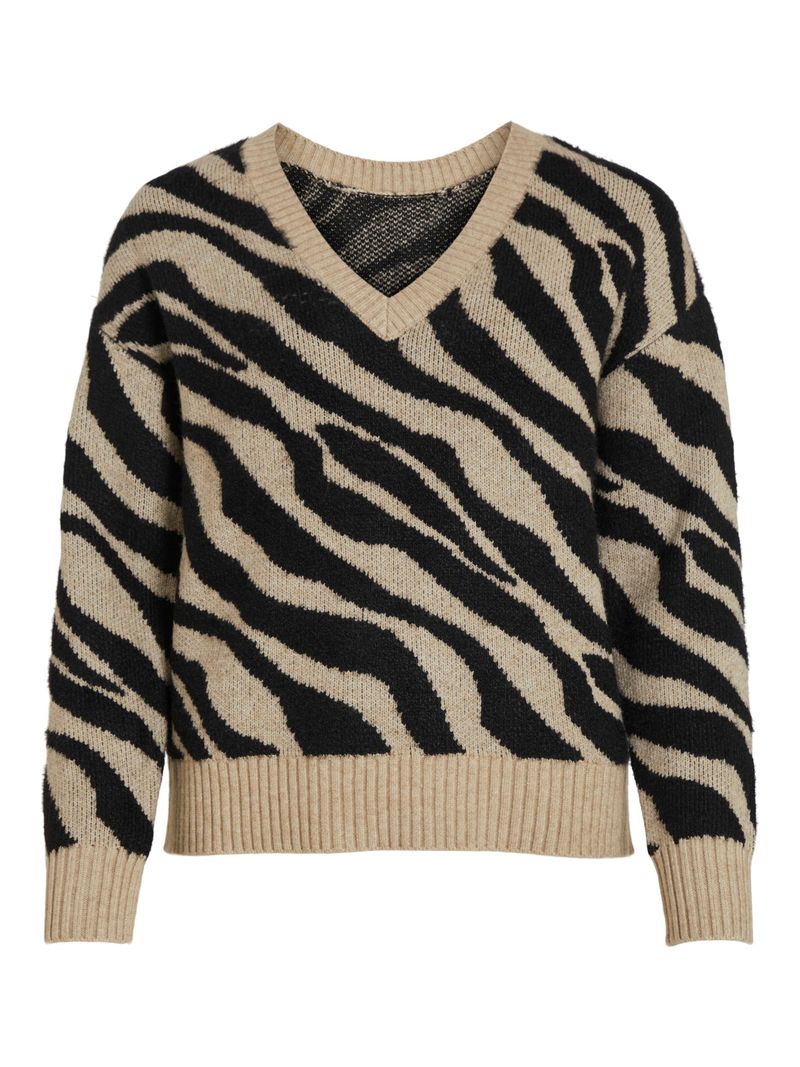 Vila Kuscheliger Strickpullover Zebra Animal Muster V-Neck Sweater VIRIL – Beige, Bild 1