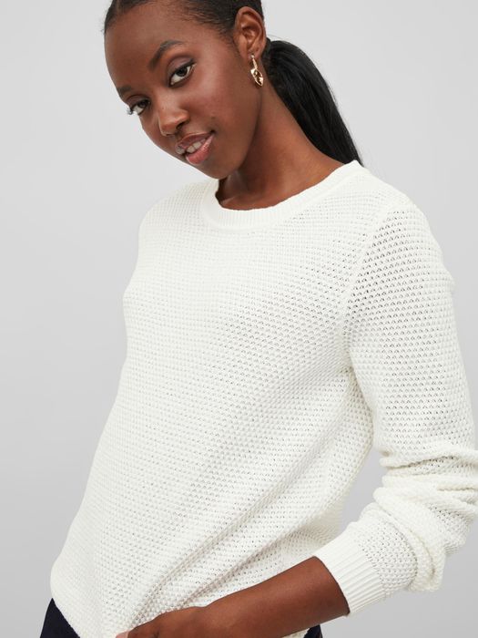 VILA Strickpullover mit Rundhals Kuscheliger Sweater Struktur, Farbe: Weiß-3