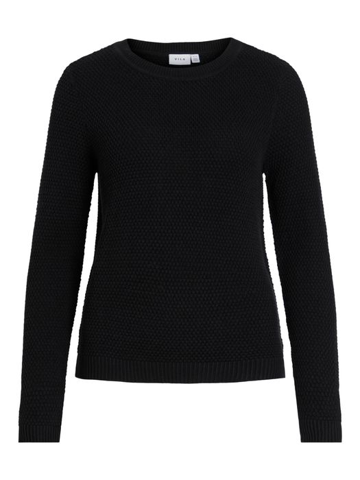 VILA Strickpullover mit Rundhals Kuscheliger Sweater Struktur, Farbe: Schwarz