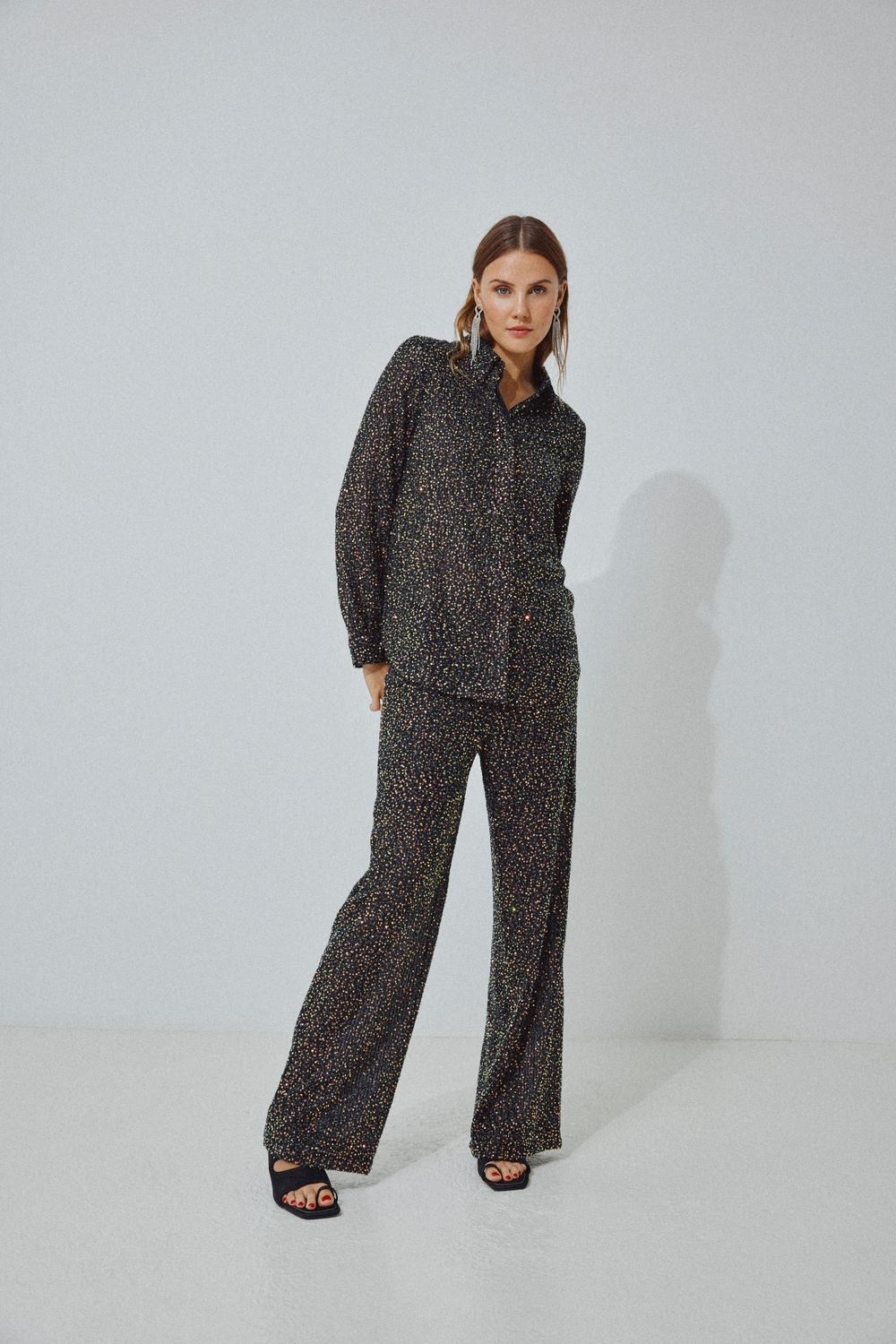 Weite Stoff Hose mit Pailletten Elegante Marlene Pants VISCARA Weite Stoff Hose mit Pailletten Elegante Marlene Pants VISCARA