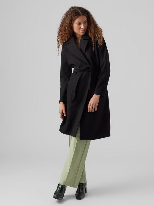 Eleganter Mantel mit Bindegürtel Legere Coat Winterjacke, Farbe: Schwarz
