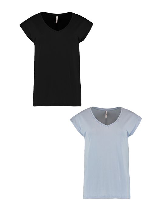 HaILYS T-Shirt 2er-Set V-Ausschnitt Kurzarm Basic Sommer Shirt, Farbe: Schwarz-Blau