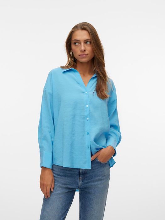 Oversized Hemdbluse Seidig Legeres Oberteil Shirt VMQUEENY, Farbe: Blau