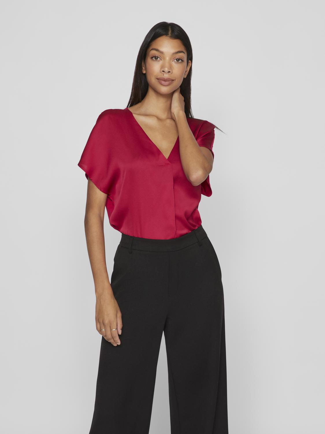 VILA_NOOS2024_4468480_14089239_3.jpg Satin Bluse Glänzendes Kurzarm Shirt Top Oberteil VIELLETTE