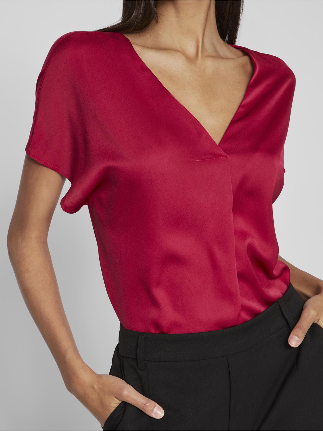 VILA_NOOS2024_4468480_14089239_6.jpg Satin Bluse Glänzendes Kurzarm Shirt Top Oberteil VIELLETTE