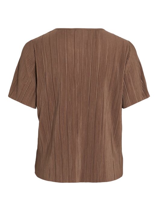 Vila Modisches Satin Blusen Shirt Kurzarm Glänzendes Plissiertes Oberteil – Braun, Bild 5