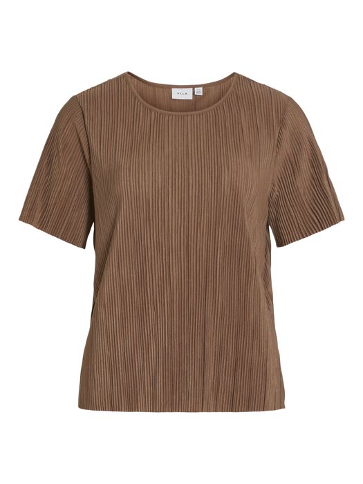 Vila Modisches Satin Blusen Shirt Kurzarm Glänzendes Plissiertes Oberteil – Braun, Bild 6