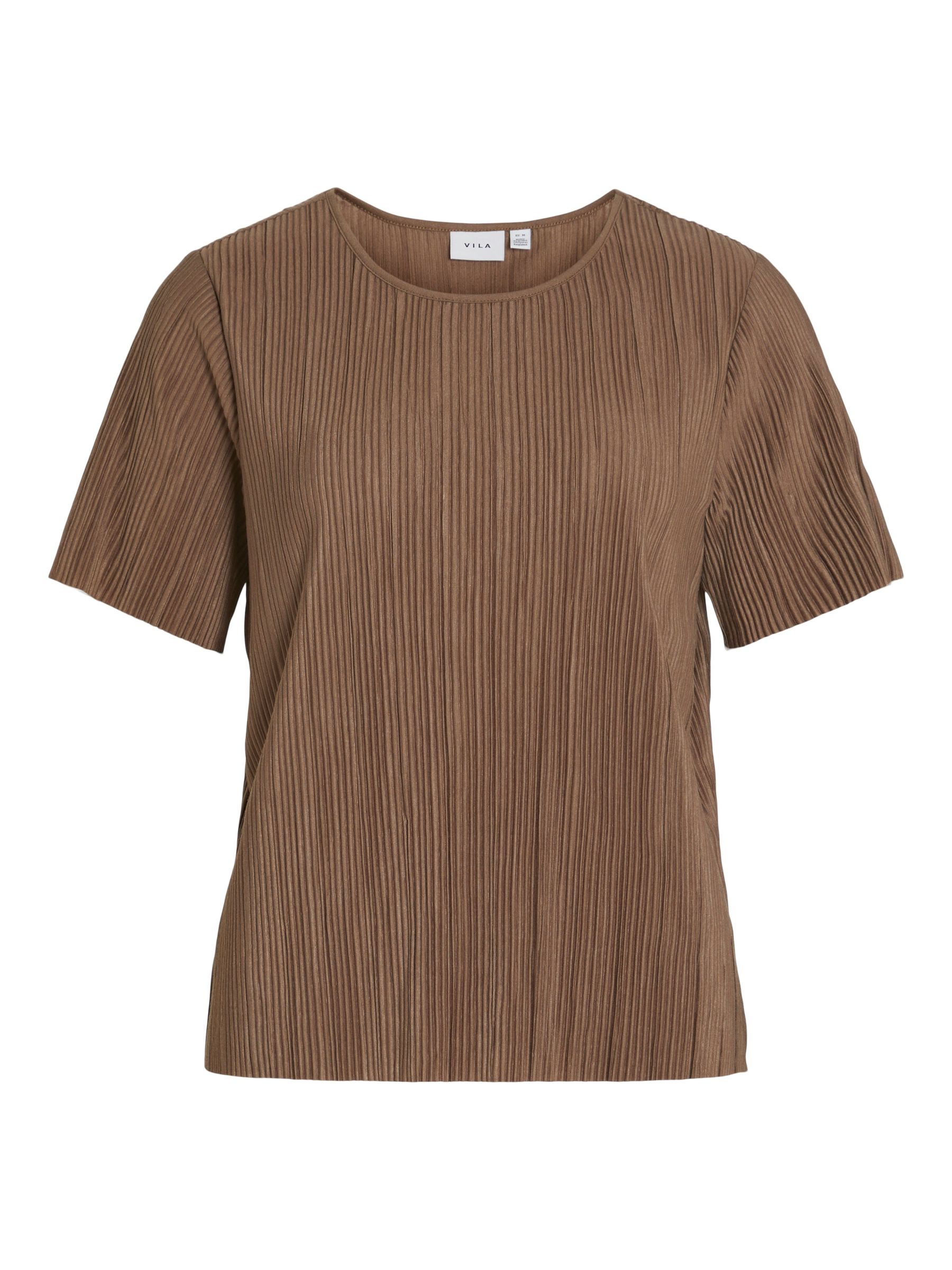Vila Modisches Satin Blusen Shirt Kurzarm Glänzendes Plissiertes Oberteil – Braun, Bild 1