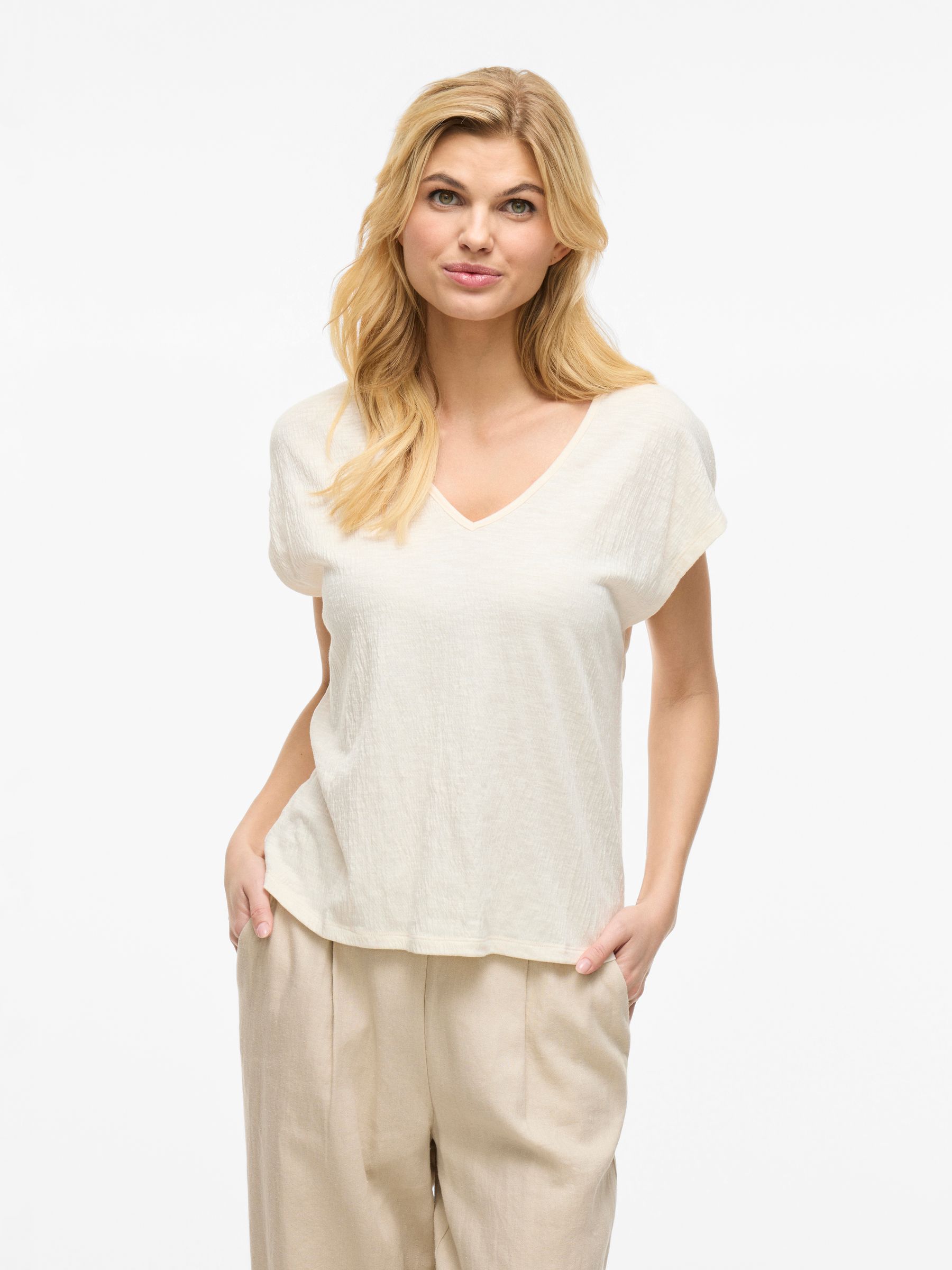 VILA_SpringSummer2025_4814624_14095036_3.jpg Legeres Blusen Shirt mit Spitzen Details V-Ausschnitt Modisches Kurzarm Top