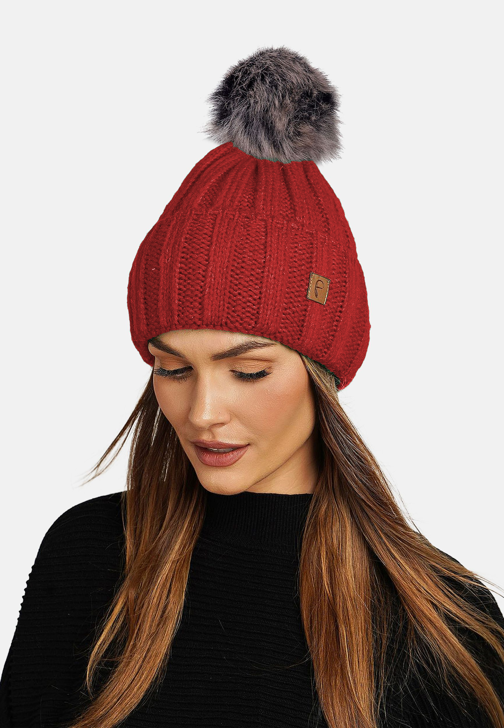 Gerippte Beanie Fleecefutter Kunstfellbommel Winter Gerippte Beanie Fleecefutter Kunstfellbommel Winter