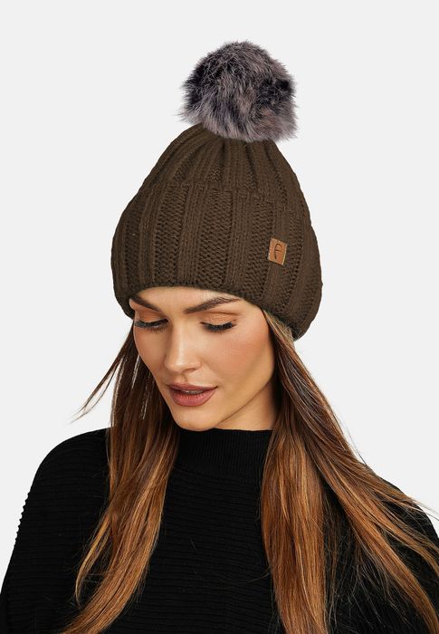 Gerippte Beanie Fleecefutter Kunstfellbommel Winter, Farbe: Braun