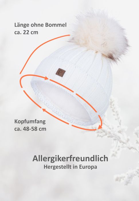 Faera Faera Gerippte Beanie Fleecefutter Kunstfellbommel Winter – Weiß, Bild 4