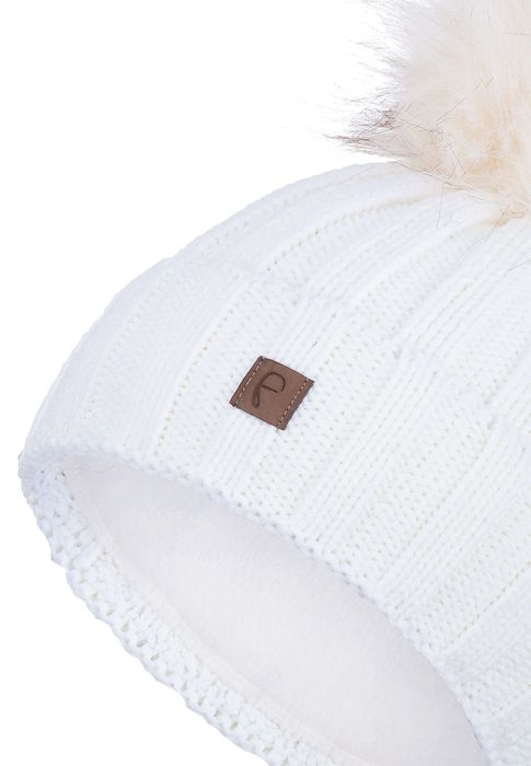 Faera Faera Gerippte Beanie Fleecefutter Kunstfellbommel Winter – Weiß, Bild 3
