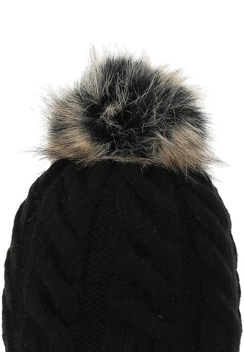 Faera Beanie Bommelmütze mit Zopfmuster Gefüttert, Farbe: Schwarz