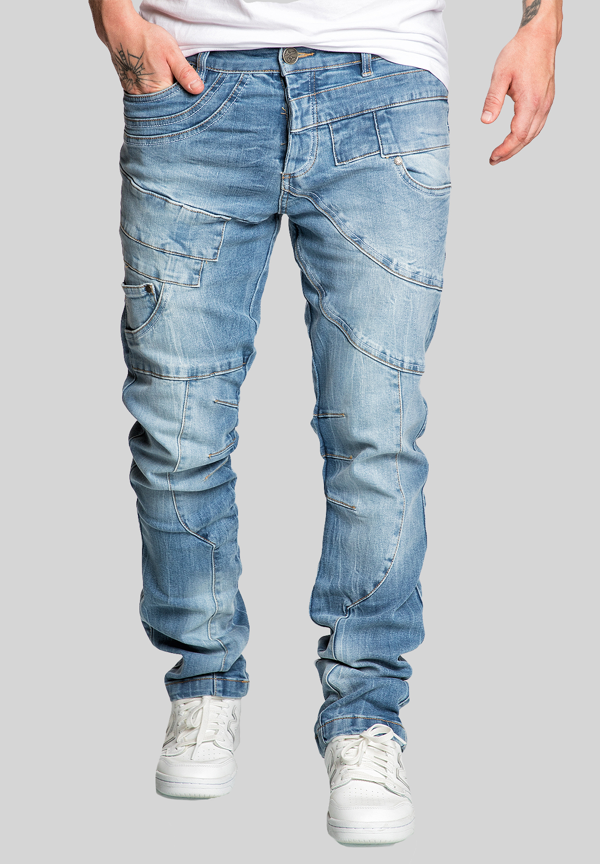 Design Jeans Regular Stretch Denim Pants Patchwork-Look A&S Design Jeans Regular Stretch Denim Pants Patchwork-Look A&S