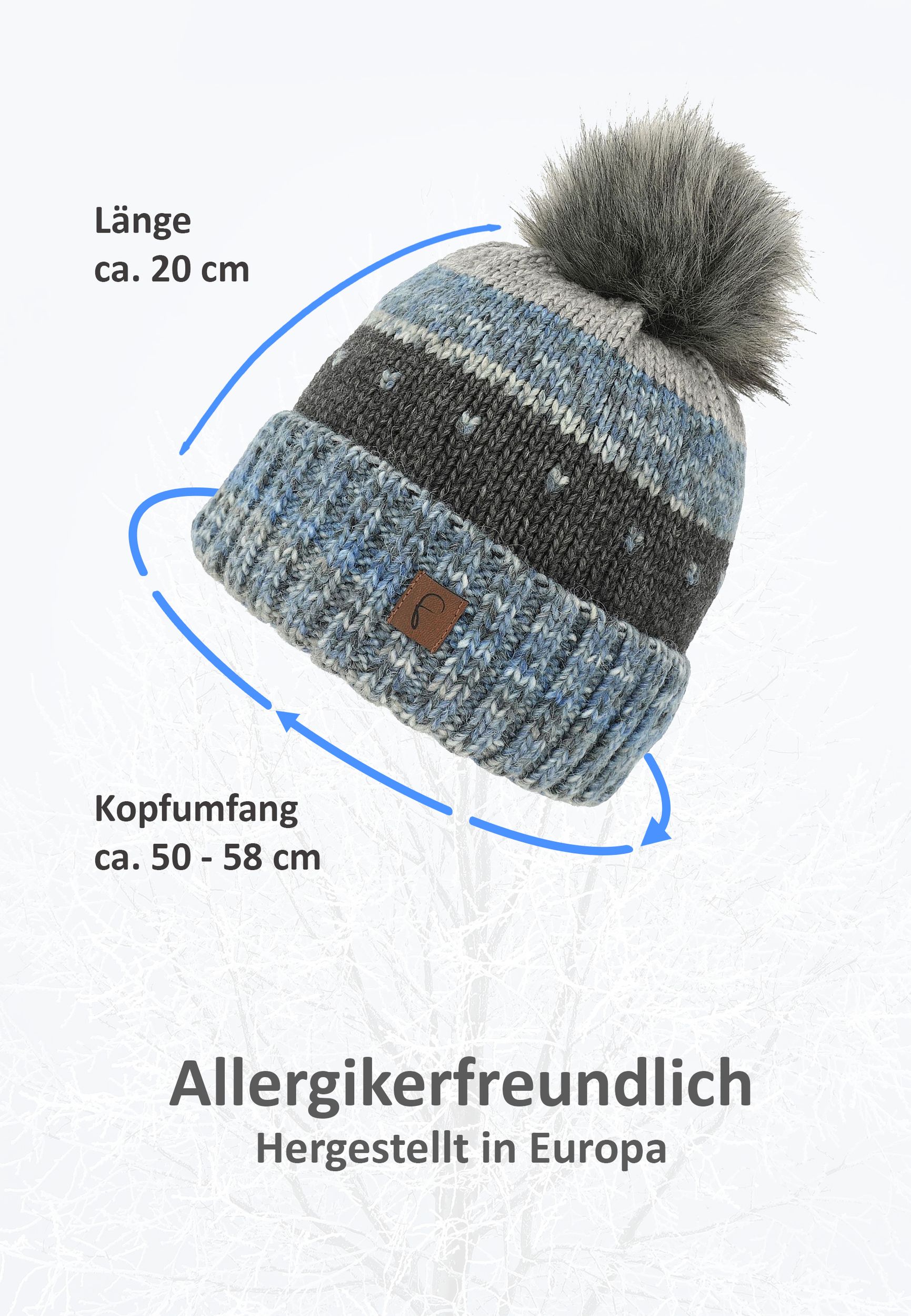 Bommelmütze gestreift mit Kunstfell-Bommel und Fleece Innenfutter Bommelmütze gestreift mit Kunstfell-Bommel und Fleece Innenfutter