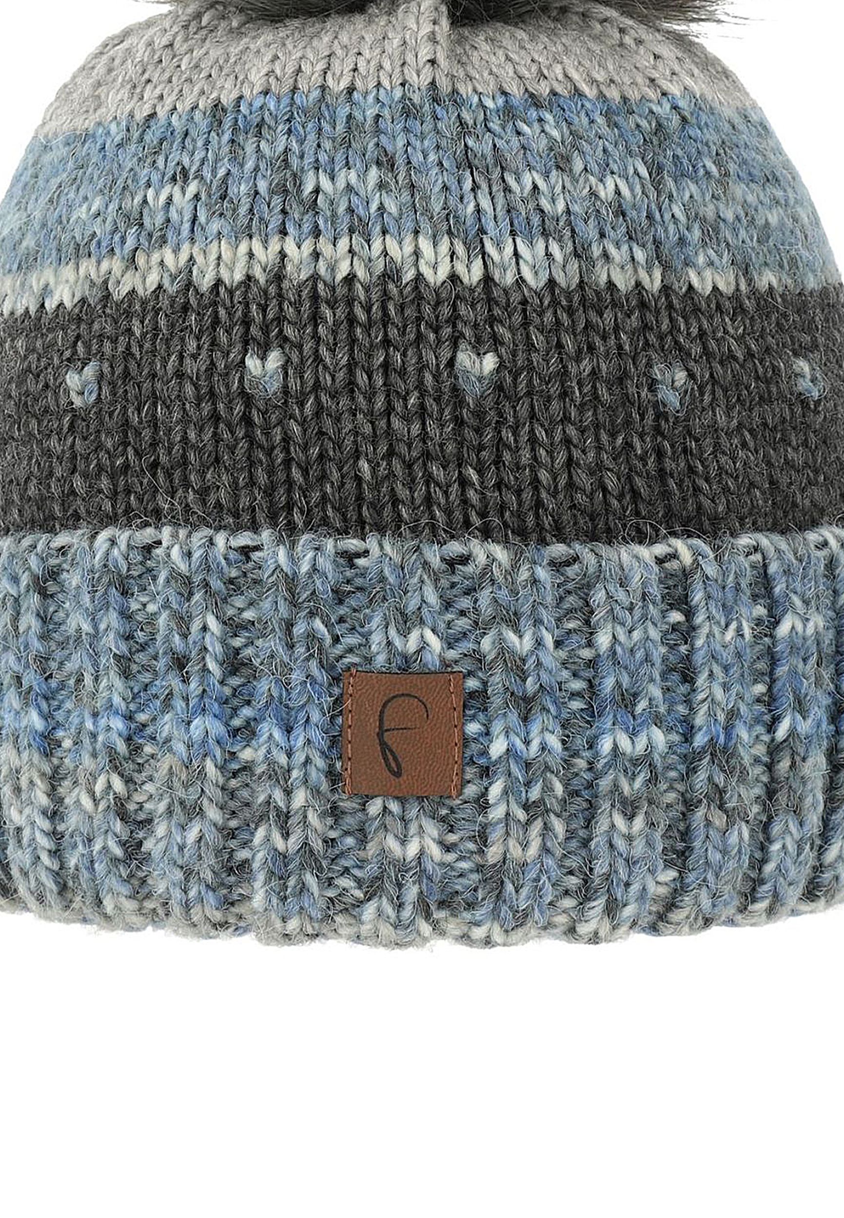 Bommelmütze gestreift mit Kunstfell-Bommel und Fleece Innenfutter Bommelmütze gestreift mit Kunstfell-Bommel und Fleece Innenfutter