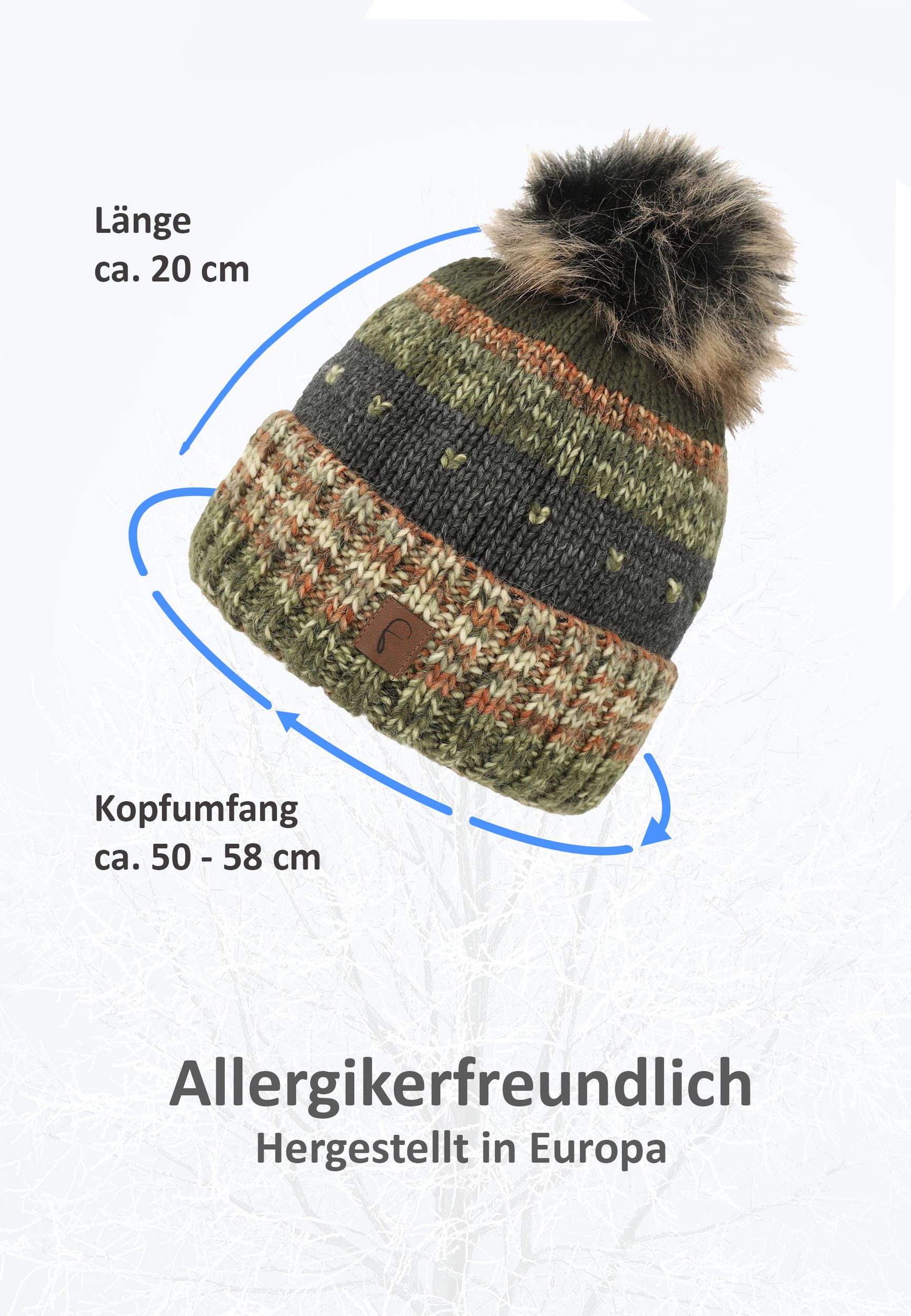 Bommelmütze gestreift mit Kunstfell-Bommel und Fleece Innenfutter Bommelmütze gestreift mit Kunstfell-Bommel und Fleece Innenfutter