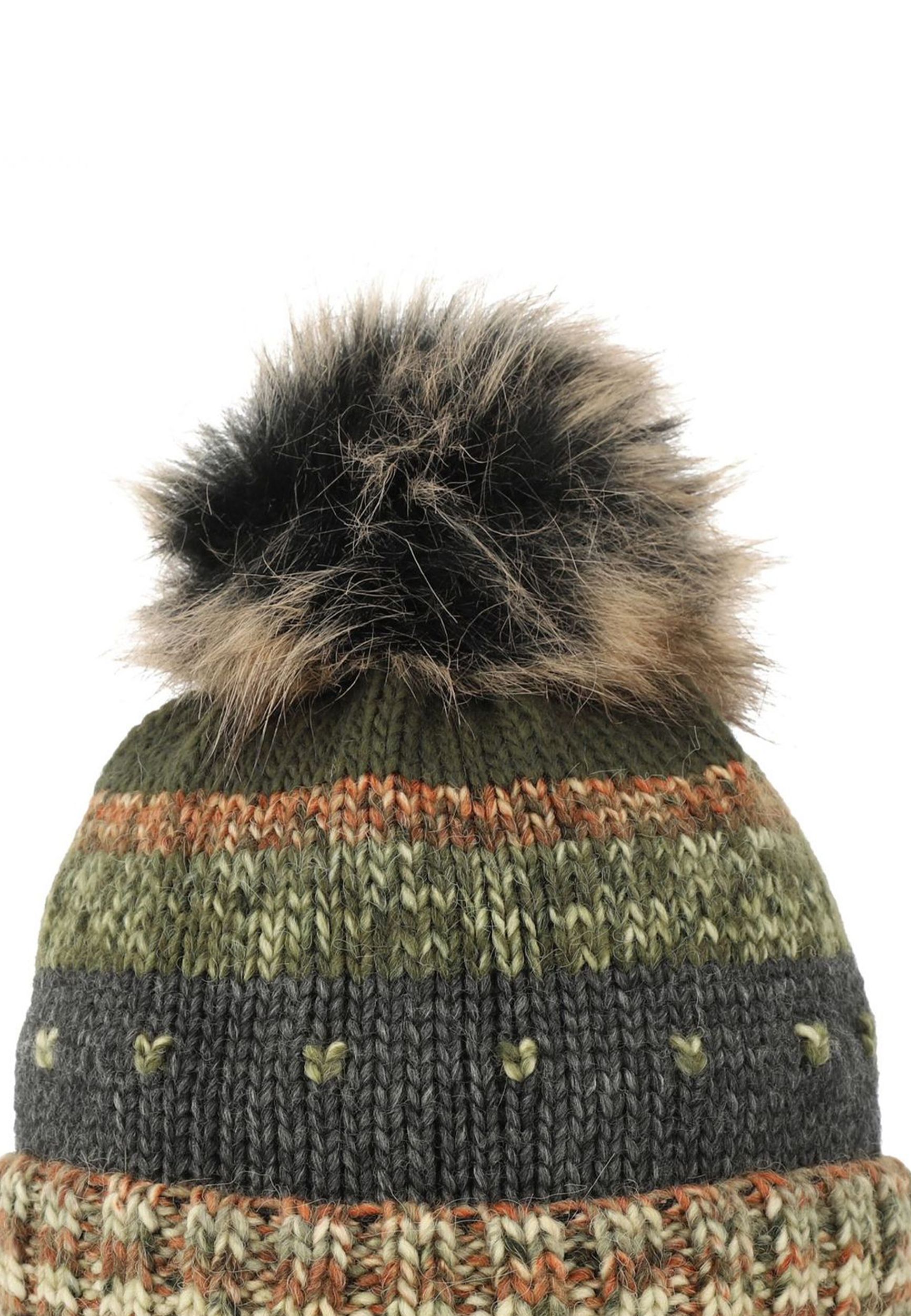 Bommelmütze gestreift mit Kunstfell-Bommel und Fleece Innenfutter Bommelmütze gestreift mit Kunstfell-Bommel und Fleece Innenfutter