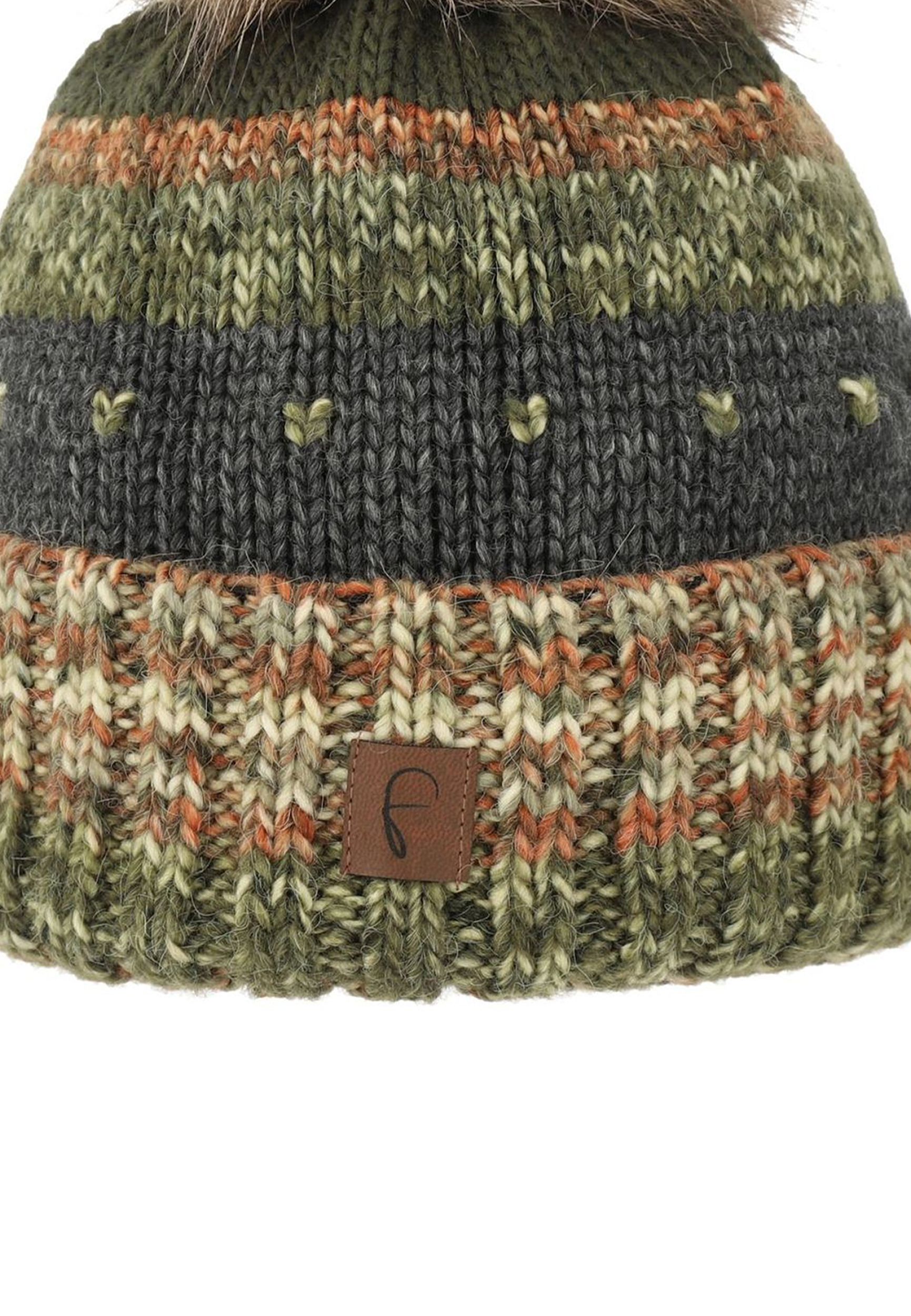 Bommelmütze gestreift mit Kunstfell-Bommel und Fleece Innenfutter Bommelmütze gestreift mit Kunstfell-Bommel und Fleece Innenfutter
