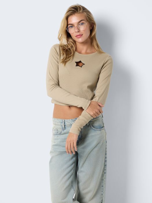 Crop Top Langarmshirt mit Cut-out, Farbe: Khaki-Braun