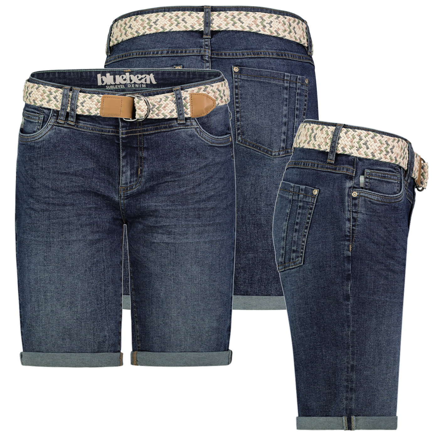 D85080BE62508ZD294_001.jpg Denim Bermuda Jeans Shorts mit Flechtgürtel und Umschlag