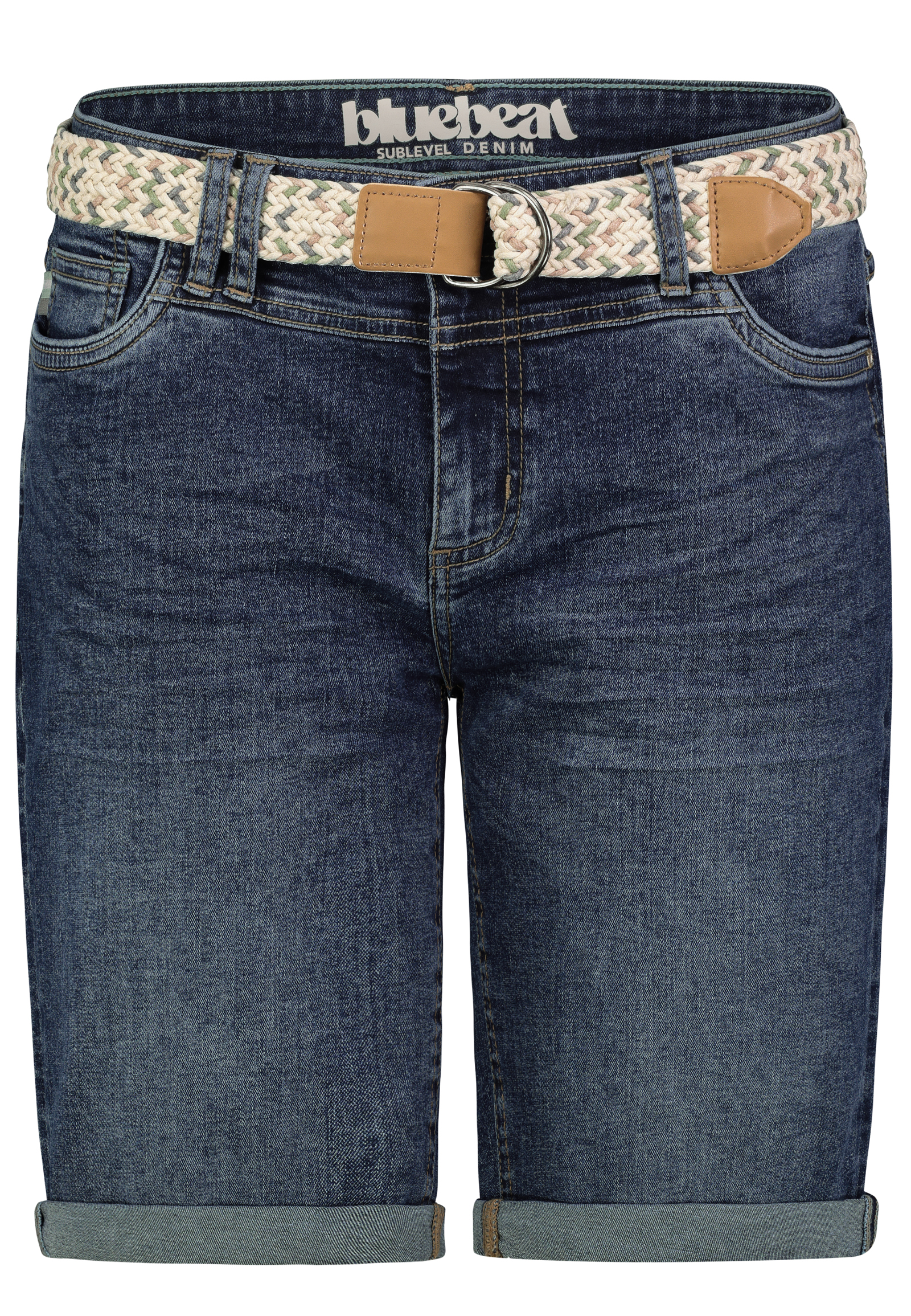 D85080BE62508ZD294_19400_V.jpg Denim Bermuda Jeans Shorts mit Flechtgürtel und Umschlag
