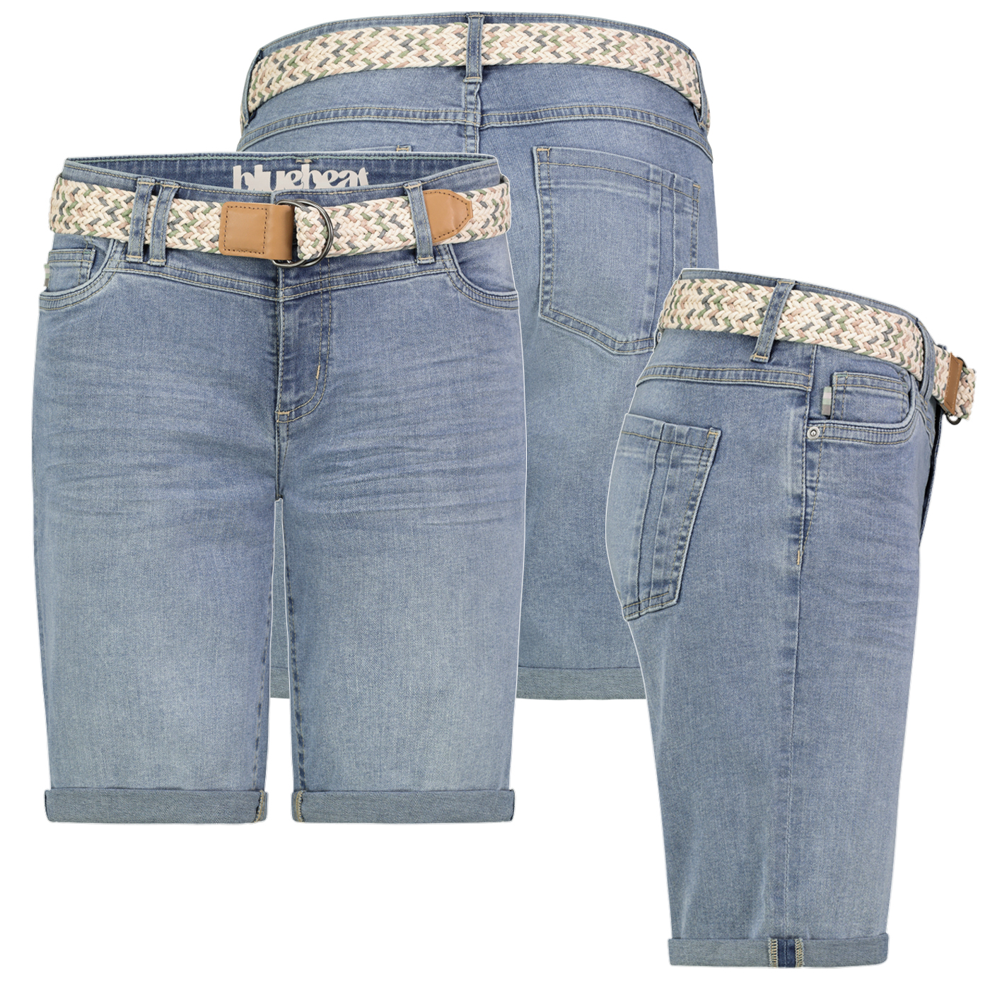 D85080BE62508ZL199_001.jpg Denim Bermuda Jeans Shorts mit Flechtgürtel und Umschlag