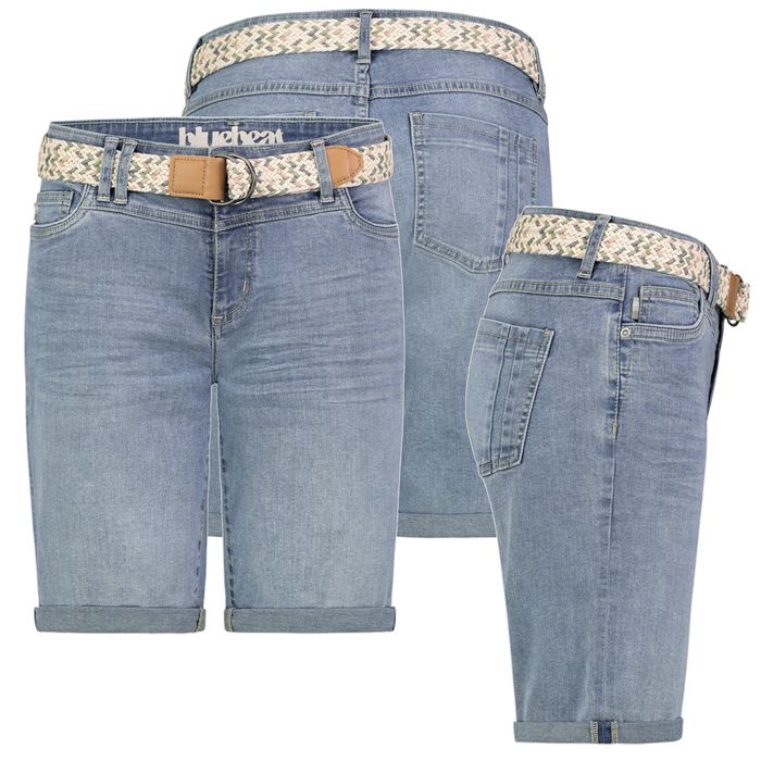 Sublevel Denim Bermuda Jeans Shorts mit Flechtgürtel und Umschlag – Hellblau, Bild 7