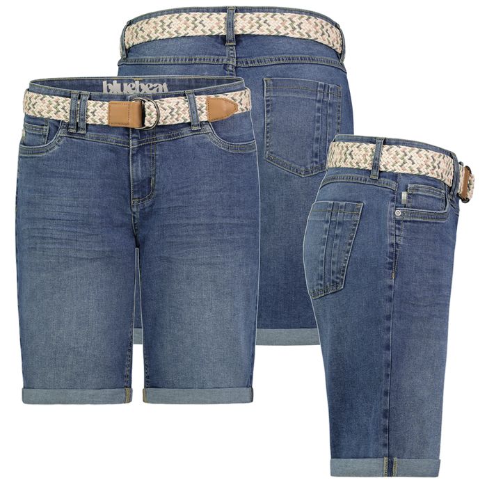 Sublevel Denim Bermuda Jeans Shorts mit Flechtgürtel und Umschlag – Blau, Bild 7
