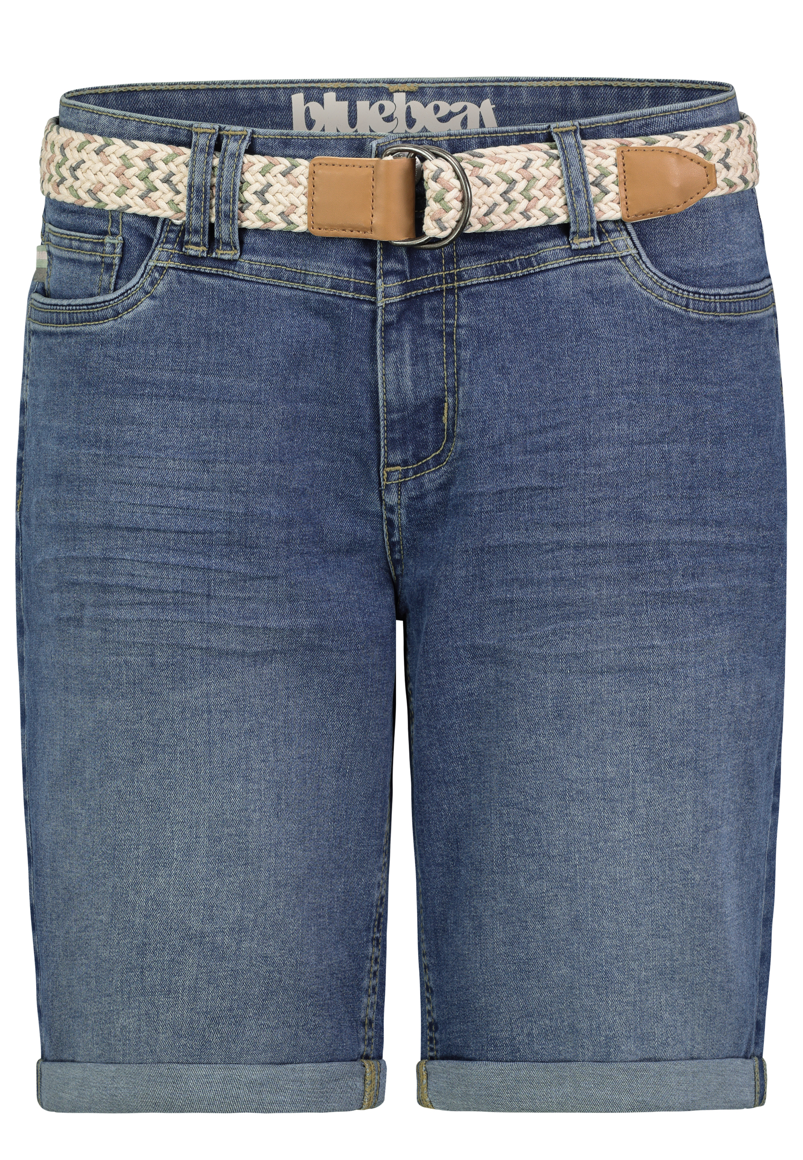 Sublevel Denim Bermuda Jeans Shorts mit Flechtgürtel und Umschlag – Blau, Bild 1