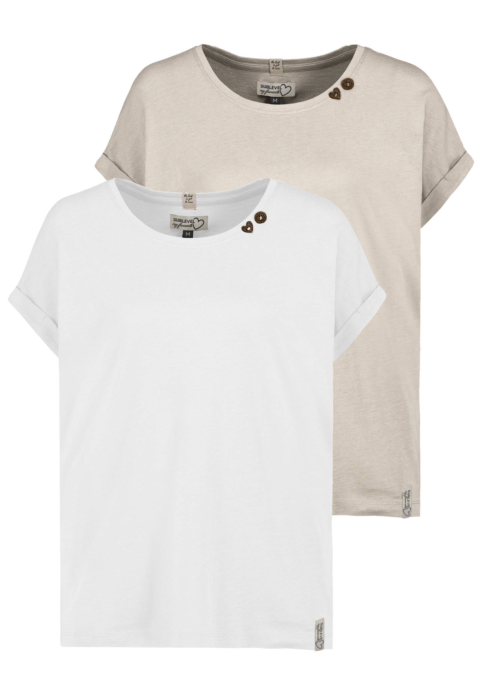 Sublevel T-Shirt 2er Set mit Rundhals Knöpfen bequem – Weiß-Braun, Bild 1