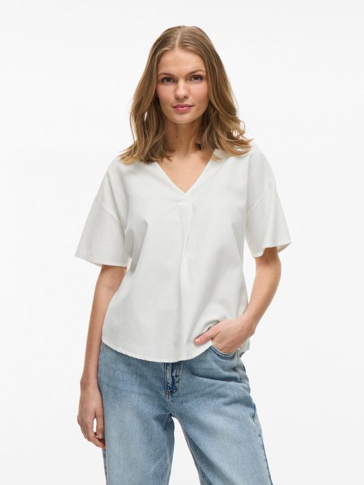 V-Ausschnitt T-Shirt mit kurzen Ärmeln und Falten, Farbe: Weiß