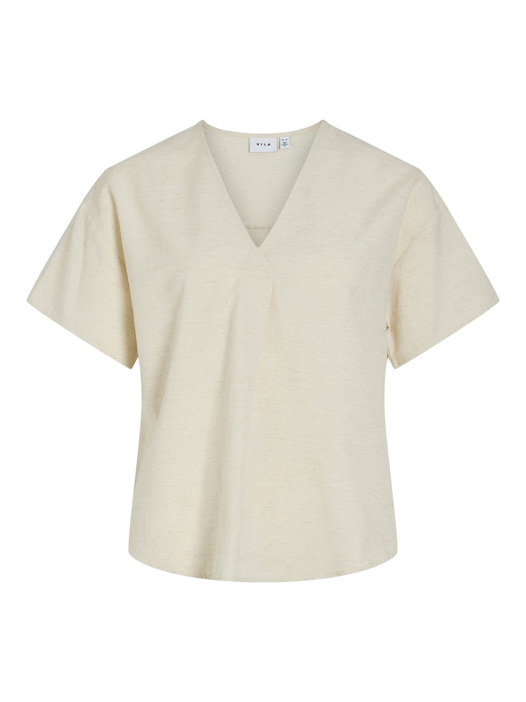 Vila V-Ausschnitt T-Shirt mit kurzen Ärmeln und Falten – Natur, Bild 1