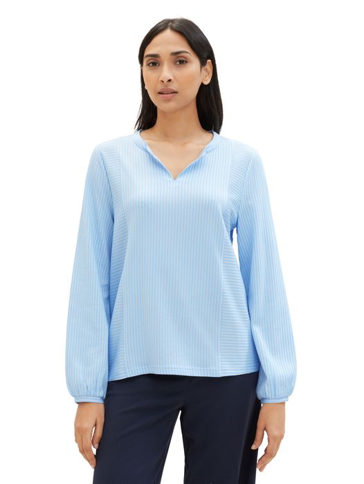Langärmlige Bluse mit V-Ausschnitt und feinen Streifen, Farbe: Blau
